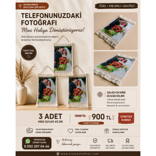 3 Adet Kişiye Özel 20x30 cm Minyatür Duvar Kilimi